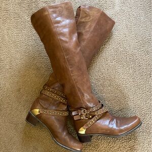 Stuart Weitzman Brown Leather Studded Buckle Over  Knee Riding Boots Sz 10 M